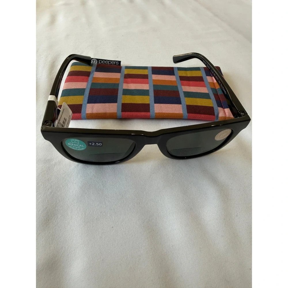 Peepers Harbor Sun Black Bifocal Sunglasses +2.50 UV400 Square Frame 3557B250